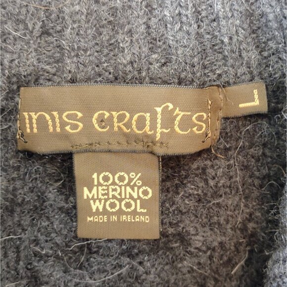 Inis Crafts Merino Wool Fisherman Sweater L Grey Cable Knit Full Zip Ireland - Picture 5 of 6